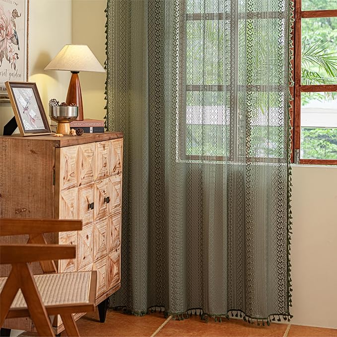 Sutuo Home Olive Green Boho Curtains 96 inches Long for Living Room Bedroom,Crochet Lace Sheer Bohemian Hollow Knitted Handmade Tassels, Vintage Farmhouse Xmas Decor, 1 Panel 59" W x 96" L