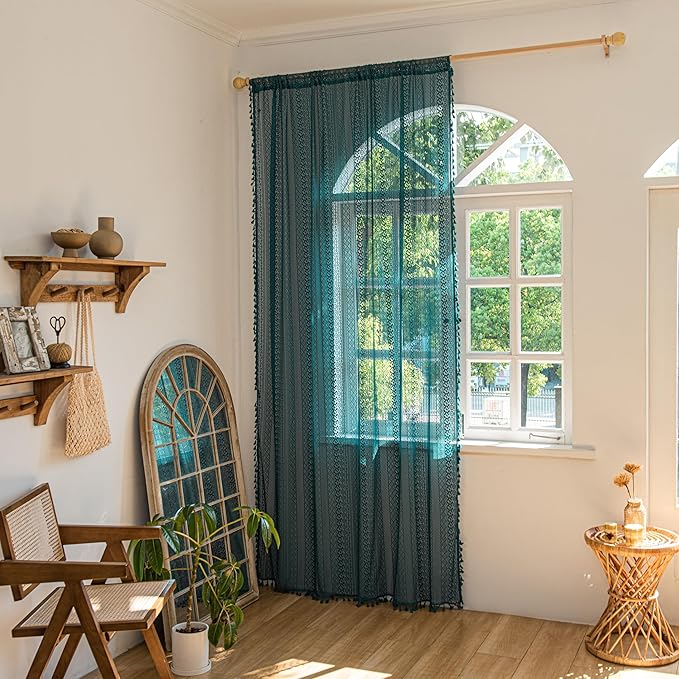 Sutuo Home Turquoise Boho Curtains for Bedroom Living Room,Crochet Lace Sheer Bohemian Stylish with Tassels, Window Treatment Privacy Vintage Rustic Farmhouse Drapes, Rod Pocket 1 Panel 59" W x 102" L