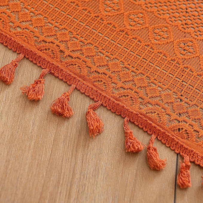 Sutuo Home Boho Curtains for Bedroom Living Room Dining Room, Crochet Lace Sheer Bohemian Country Tassels,Window Treatment Drapes for Halloween Decor, Rod Pocket 1 Panel 59" W x 120" L, Orange