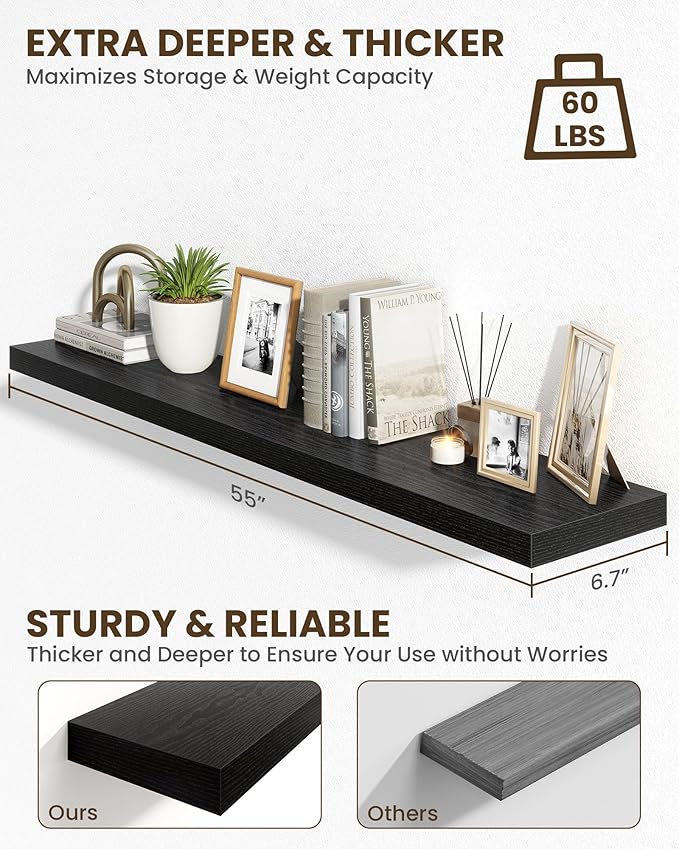 Marsmiles 55" Floating Shelves for Wall, Wooden Shelves with Invisible Brackets Set of 2, Rustic Farmhouse Wall Mounted Shelf for Kitchen Bathroom Living Room Study, Black