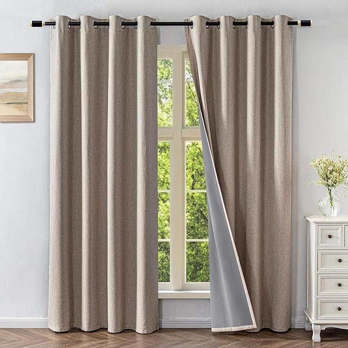Linen Curtains 108 Inches Long 2 Panels Set, 100% Blackout Curtains Textured Thermal Insulated, Grommet Light Blocking Drapes for Living Room Bedroom Luxury Decor(52W × 108L inch, Linen)