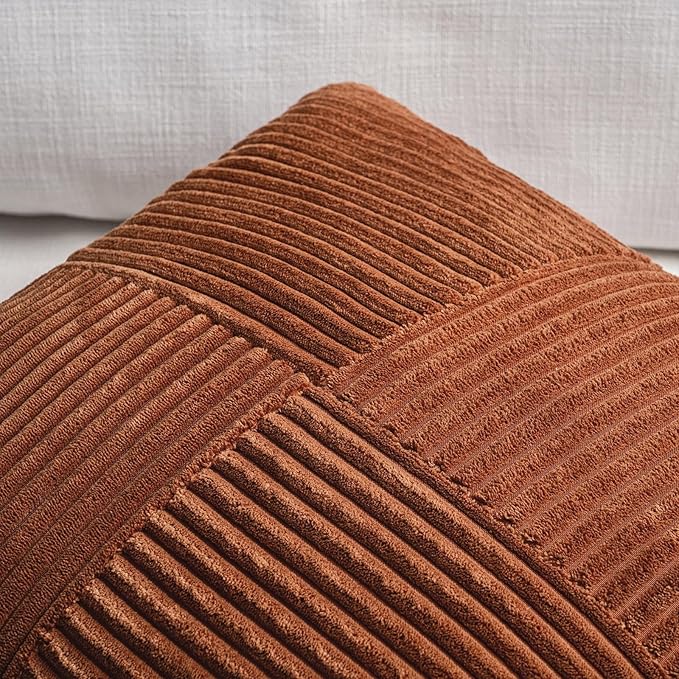 Fancy Homi 2 Packs Rust Euro Decorative Throw Pillow Covers 28x28 Inch for Bedroom Bed, Farmhouse Boho Home Decor, Soft Corss Corduroy Patchwork Textured Square Terracotta Cushion Case 71x71 cm