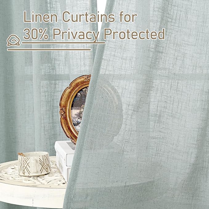 LAMIT Short Linen Curtains 36 Inch Length for Half Window, Semi Sheer Light Filtering Panels Bronze Grommet Drapes for Basement/Kitchen, Greyish Blue, 2 Panels, 34 x 36 Inch