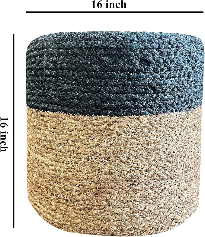 Jute Pouf Ottoman | Footrest Pouf | Hand Braided - Round Boho Pouffe - for Living Room, Bedroom, Nursery (16"x16"x16") Navy