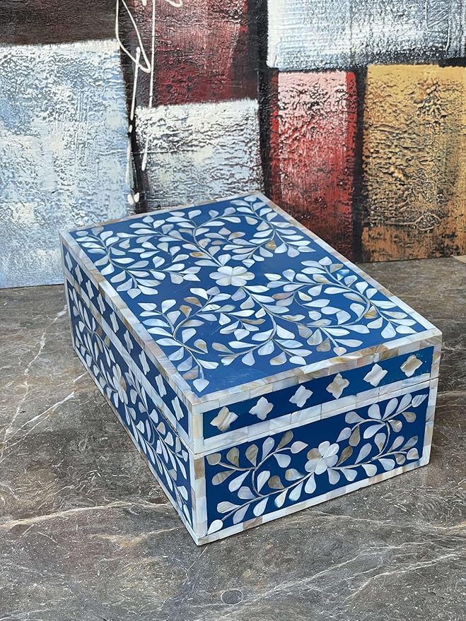 Decorative Storage Box Of Mother Of Pearl Inlay Floral Design Wooden Storage Box For Home Decoration For Living Dining & Bedroom (Navy Blue_12x8x5 inch)