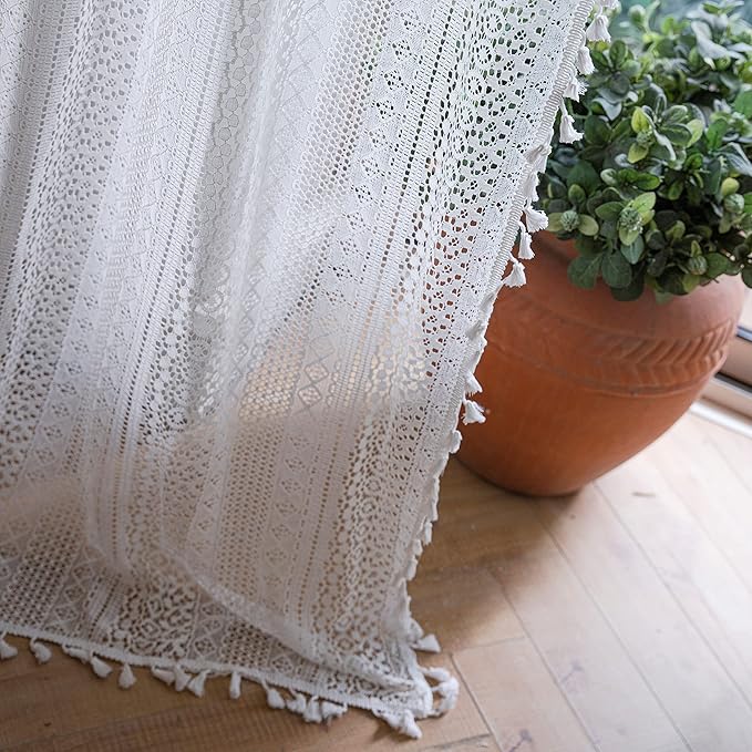 Sutuo Home Boho Sheer Curtain Valance Tier Crochet Lace with Bohemian Hollow Knitted Handmade Tassels, Short Farmhouse Window Treatment for Kitchen Cafe, Rod Pocket, 1 Panel 59" W x 36" L, White