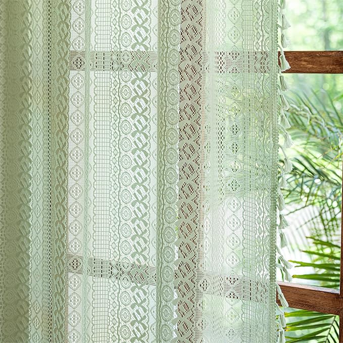 Sutuo Home Mint Green Boho Curtains for Bedroom Living Room, Crochet Lace Bohemian Hollow Knitted Handmade Tassels Window Treatment Vintage Rustic Rod Pocket Farmhouse Drapes, 1 Panel 59" W x 84" L