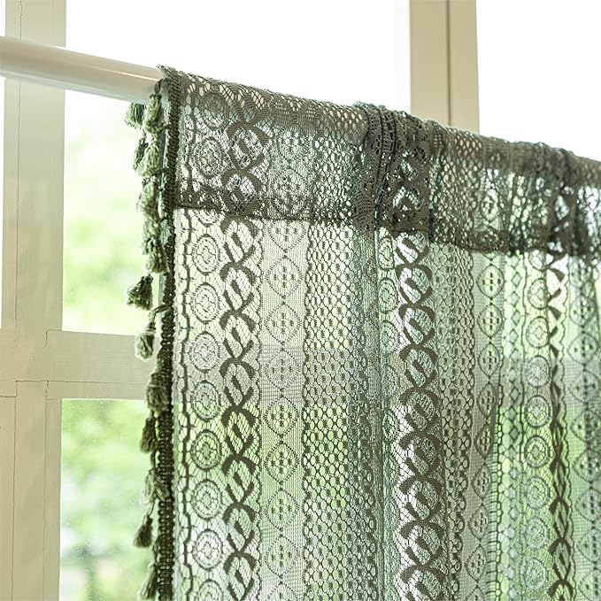 Sutuo Home Olive Green Boho Valance Curtains Crochet Lace Sheer Bohemian Hollow Knitted with Tassels, Privacy Vintage French Retro Farmhouse Tier for Kitchen Bedroom, Rod Pocket 1 Panel 59" W x 24" L