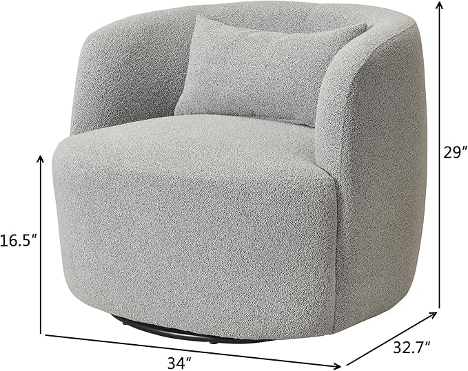 KINWELL 34" Wide Sherpa Swivel Barrel Chair, No Assembly Round Boucle Upholstered Accent Chair Armchair Single Sofa Chair with Toss Pillow for Living Room and Bedroom, Gray