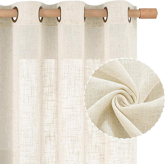 LAMIT Natural Cream Ivory Long Linen Curtains for Living Room, 108 inches Long Bronze Grommet Light Filtering Window Textured Neutral Sheer Drapes for Bedroom Farmhouse, 2 Panels, 52 x 108 Inch