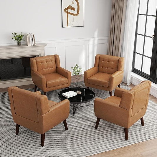 UIXE Faux Leather Accent Chairs Set of 4, Modern Arm Club Chair Upholstered Armchair for Living Room, Comfy Single Sofa Seats Button Tufted Reading Seating, Brown