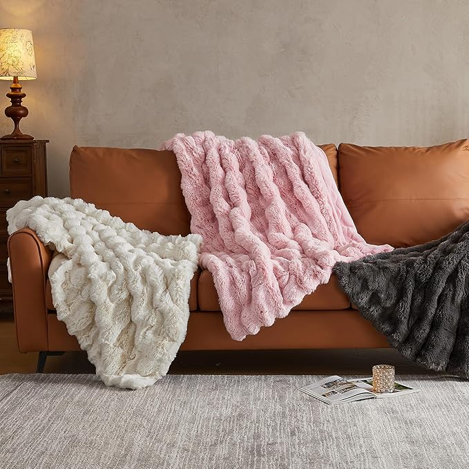 JELLYMONI Faux Fur Throw Blanket, Pink Cozy Plush Bubble Bed Blanket, Thick and Warm, 50" X 60"