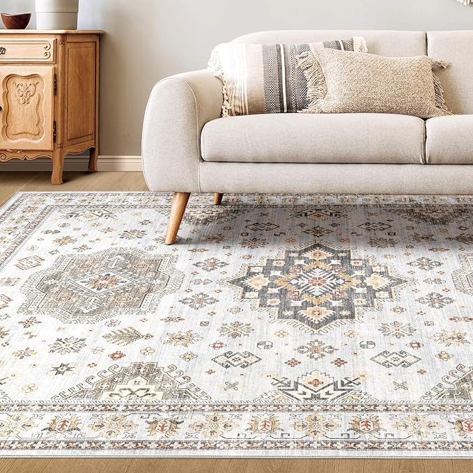 Washable Area Rugs for Living Room -10x13 Neutral Vintage Distressed Floral Farmhouse Boho Large Soft Floor Rug Indoor Non Slip Carpet for Living Room Bedroom Dining Room Office-Blue Brown
