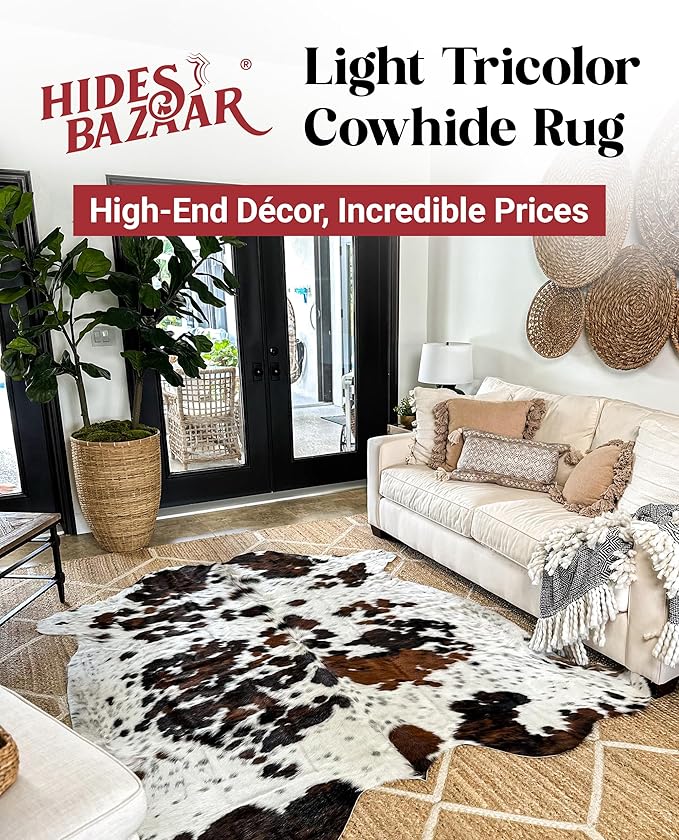Light Tricolor Cowhide Rug Premium Cowhides Leather with Mixed White, Brown & Black Color Pattern - Natural Cowhide Rug for Office & Home Decor - Cow Hide Rugs 6x6-7 ft