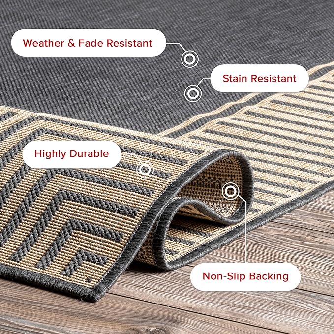 nuLOOM 3'6" x 5' Outdoor Area Rug, Casual Design With Striped Border, Stain Resistant, Highly Durable, For Patio, Balcony, Bedroom, Living Room, Dining Room, Bathroom, Dark Grey
