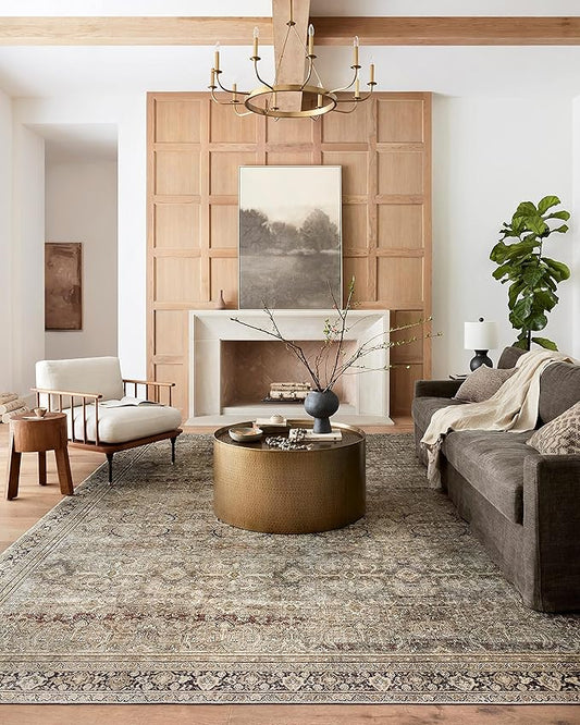 Loloi Layla Collection LAY-03 Olive/Charcoal 9'-0" x 12'-0" .13" Thick Area Rug, Soft, Durable, Vintage Inspired, Distressed, Low Pile, Non-Shedding, Easy Clean, Printed, Living Room Rug