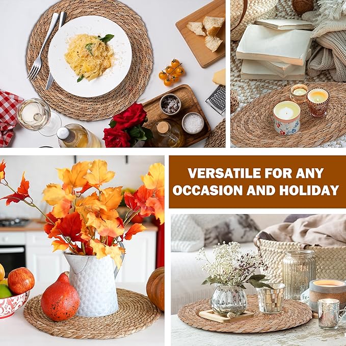 Defined Deco Woven Placemats Set of 10, 13" Round Rattan Placemats,Natural Hand-Woven Water Hyacinth, Farmhouse Weave Place Mats, Rustic Braided Wicker Table Mats for Dining Table, Home, Wedding