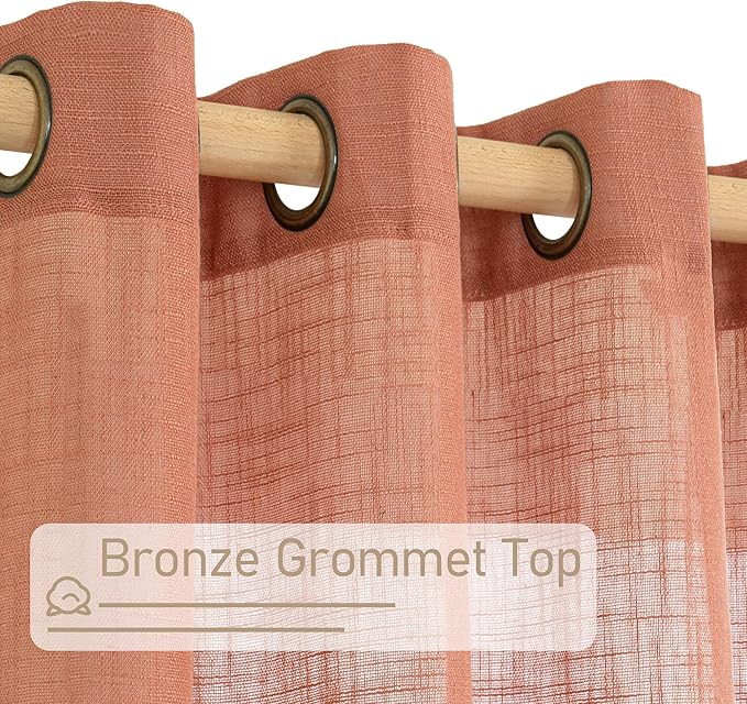 LAMIT Short Linen Curtains 40 Inch Length for Kitchen, Semi Sheer Light Filtering Window Curtains Farmhouse Boho Bronze Grommet Panels for Cafe/RV Camper, Terracotta, 2 Panels, 34 x 40 Inch