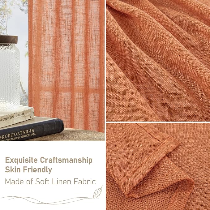 LAMIT Burnt Orange Linen Curtains 95 Inch Length 2 Panels, Linen Textured Light Filtering Drapes for Living Room/Bedroom Country Semi Sheer Window Treatments with Bronze Grommet, 52 x 95 Inch