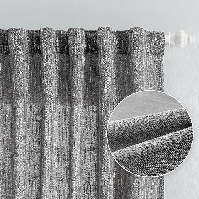 MYSKY HOME Long Sheer Curtains Farmhouse, Sliding Door Curtain for Living Room Light Filtering Privacy Protect Soft Cotton Blend Back Tab Window Drapes Boho, 50" x 108", Dark Grey, 2 Panels