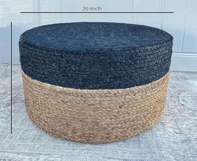 Jute Pouf Ottoman | Footrest Pouf | Hand Braided - Round Boho Pouffe - for Living Room, Bedroom, Nursery (20"x20"x10") Navy