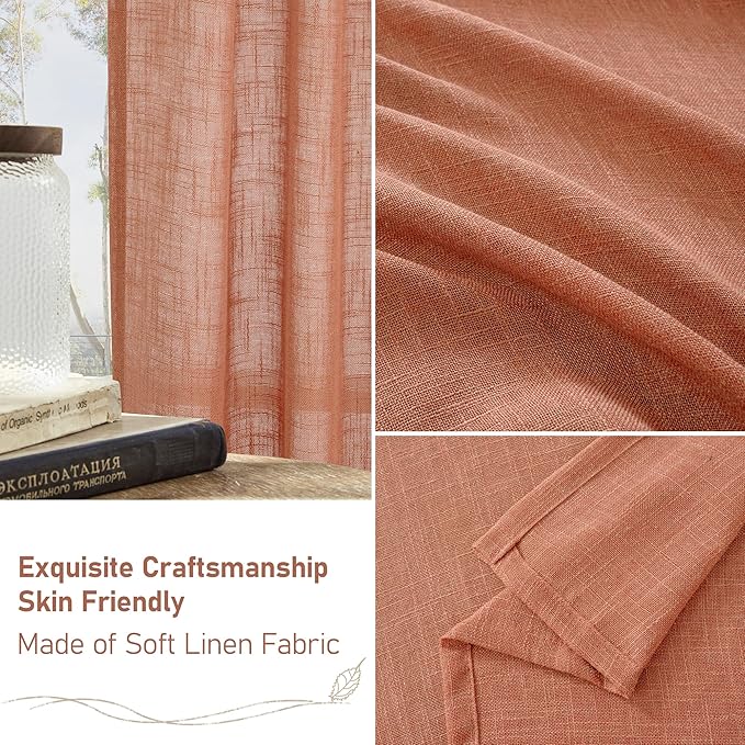 LAMIT Short Linen Curtains 40 Inch Length for Kitchen, Semi Sheer Light Filtering Window Curtains Farmhouse Boho Bronze Grommet Panels for Cafe/RV Camper, Terracotta, 2 Panels, 34 x 40 Inch