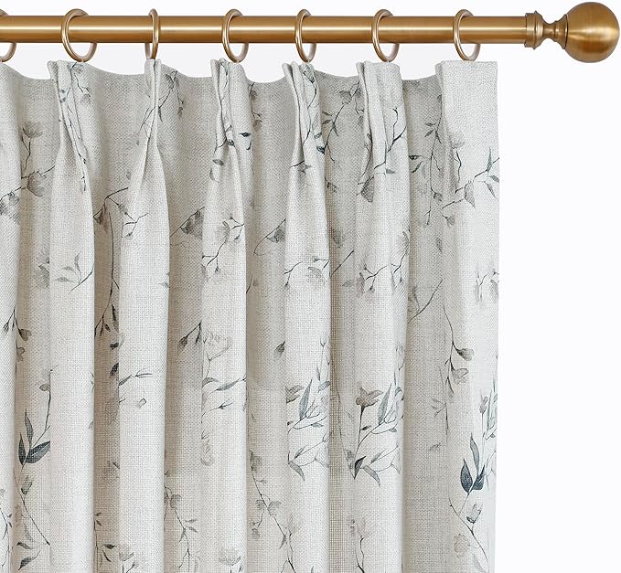 Pinch Pleated Floral Linen Curtains, 72 Inch Wide by 102 Inch Long Printed Curtains for Privacy Light Filtering, Suitable for Living Rooms and Sunrooms.2 Panels