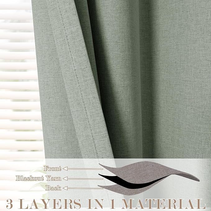 100" W x 84" L Faux Linen Room Divider Curtains, Full Blackout Pinch Pleated Drapes for Traverse Rod, Bedroom Divider Privacy Drapery with Hooks for Ceiling Track, 1 Panel, Fog Green
