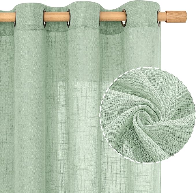 LAMIT Fresh Green Linen Sheer Curtains 63 Inch Length for Bedroom, Light Filtering Panels with Bronze Grommet for Living Room Faux Linen Textured Spring Decor Drapes, 2 Panels, 34 X 63 Inch