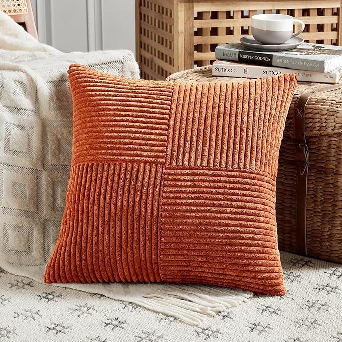 Fancy Homi Set of 2 Burnt Orange Decorative Throw Pillow Covers 26x26 Inch for Living Room Couch Bed, Boho Farmhouse Fall Home Decor, Soft Corss Corduroy Patchwork Textured Cushion Case 66x66 cm
