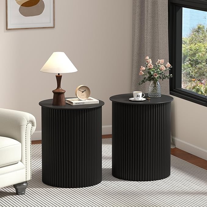 AVZEAR Fluted Round Side Table Small Mid Century End Table, 17.7" Fluted Nightstands Modern Circle Bedside Tables, Black Wood Night Stand for Small Spaces, Living Room, Bedroom (Black)
