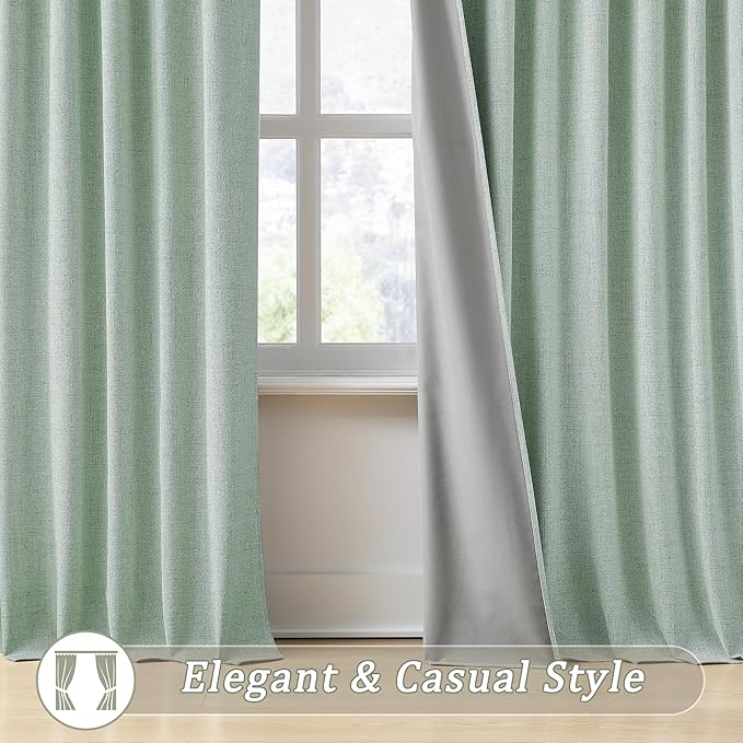 RAIN CITY Light Green Linen Blackout Curtains 63 Inch Long for Living Room,2 Panels Pinch Pleated Drape with Hooks Back Tab Boho Decor, Textured Full Black Out Curtains for Bedroom 50 x 63