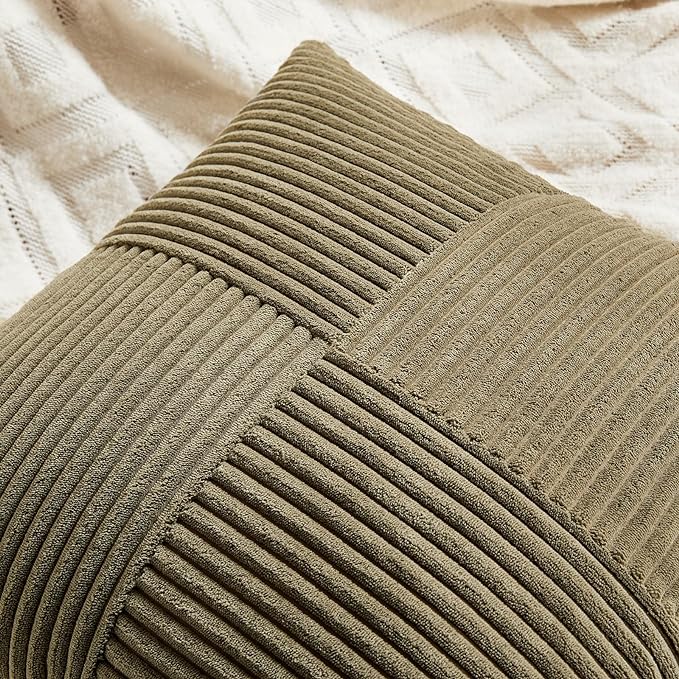 Fancy Homi 2 Packs Olive Green Lumbar Decorative Throw Pillow Covers 14x24 Inch for Couch Bed, Farmhouse Boho Home Decor, Soft Striped Corduroy Rectangle Accent Cushion Case 35x60 cm