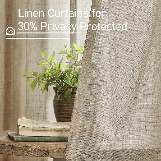 LAMIT Taupe Linen Curtains 95 Inch Length 2 Panels for Living Room/Bedroom, Semi Sheer Light Filtering Farmhouse Bronze Grommet Long Soft Thick Linen Textured Window Drapes, 52 x 95 Inch