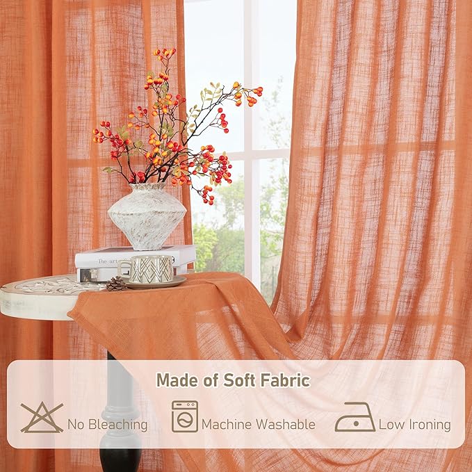 LAMIT Burnt Orange Linen Curtains 95 Inch Length 2 Panels, Linen Textured Light Filtering Drapes for Living Room/Bedroom Country Semi Sheer Window Treatments with Bronze Grommet, 52 x 95 Inch