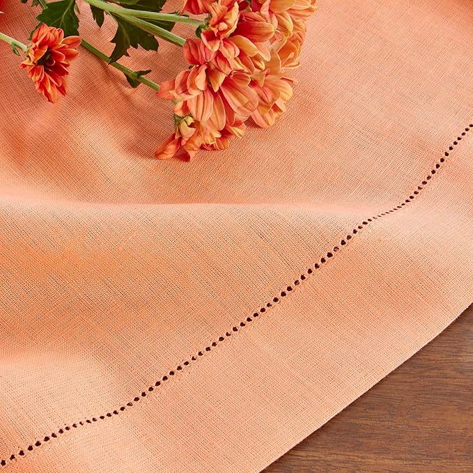 Solino Home Linen Coral Table Runner 144 Inches Long - 100% Pure Linen Extra Long Table Runner 14 x 144 Inch - Classic Hemstitch