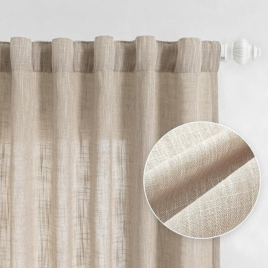 MYSKY HOME Oatmeal Curtains for Living Room, Semi Sheer Curtains & Drapes Light Filtering Farmhouse Country Boho Style Back Tab Draperies for Sliding Glass Door (Customsize, Light Oatmeal)