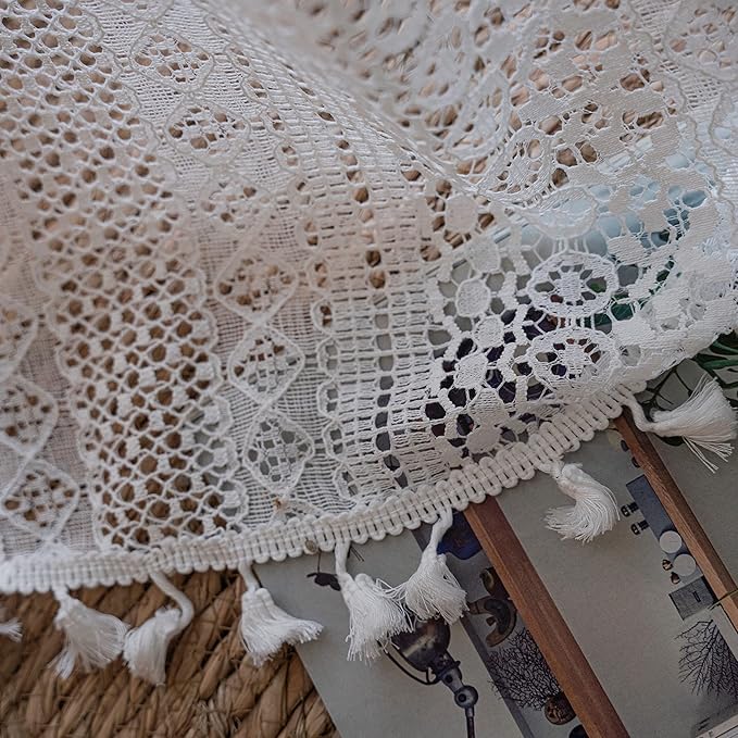 Sutuo Home Boho Sheer Curtain Valance Tier Crochet Lace with Bohemian Hollow Knitted Handmade Tassels, Short Farmhouse Window Treatment for Kitchen Cafe, Rod Pocket, 1 Panel 59" W x 36" L, White