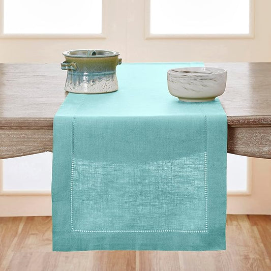 Solino Home Linen Aqua Blue Table Runner 60 Inches - Classic Hemstitch, 100% Pure Linen Coffee Table Runner 14 x 60 Inch Ideal for Dresser Tables