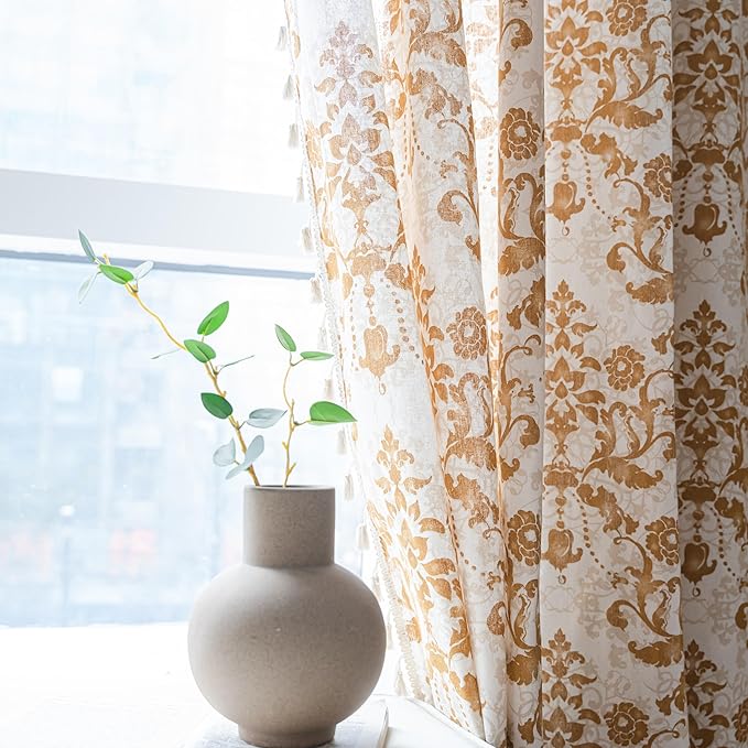 Sutuo Home Boho Curtains 63 Inches Length for Bedroom Living Room, Printed Moroccan Cotton Linen Rod Pocket Rustic Farmhouse Bohemian Tassels Window Treatment, 1 Panel 59" W x 63" L, Brown Damask