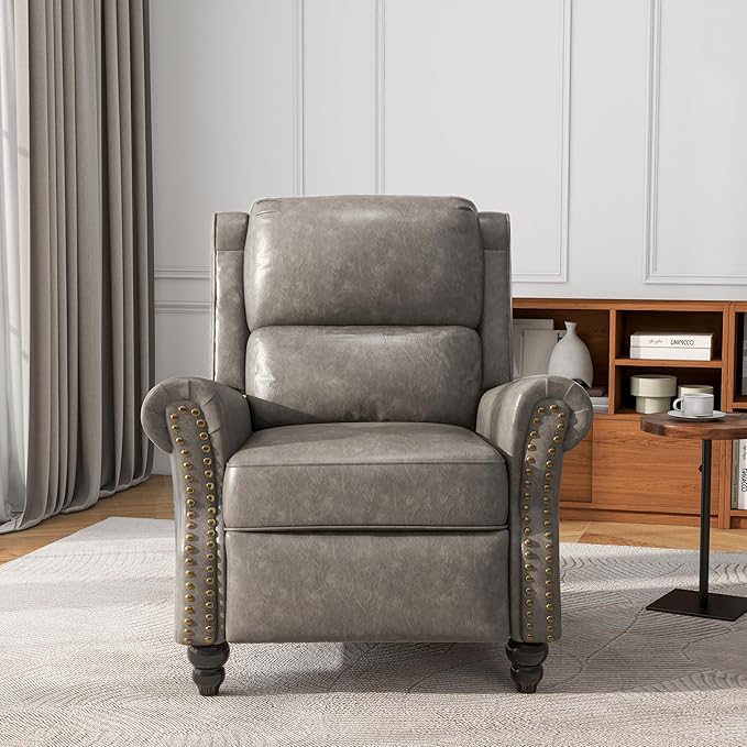 UIXE Pushback Recliner Chair, Faux Leather Armchair Push Back Accent Chair, Rivet Trim Club Chair Home Theater Overstuffed Single Sofa Reading Seat for Living Room, Gray