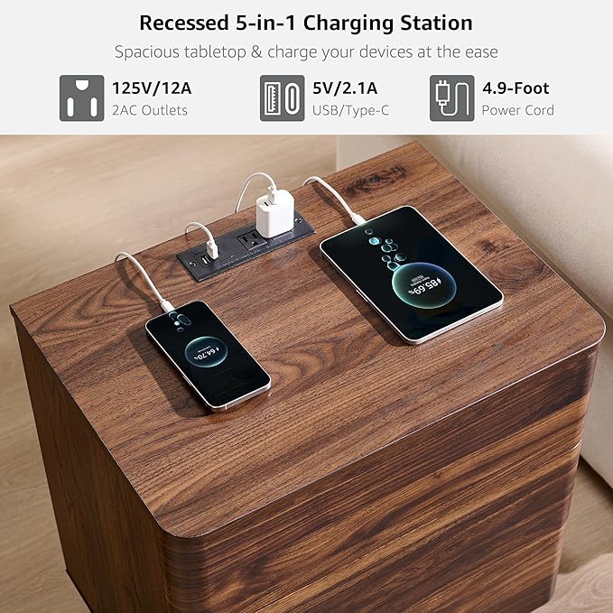 JXQTLINGMU 22" Modern Nightstand with Charging Station, Large Push-to-Open End Table, Wood Bedside Table w/Curved Profile Design, Handleless 3 Drawer Night Stand for Bedroom, Living Room, Brown