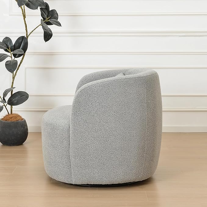 KINWELL 34" Wide Sherpa Swivel Barrel Chair, No Assembly Round Boucle Upholstered Accent Chair Armchair Single Sofa Chair with Toss Pillow for Living Room and Bedroom, Gray