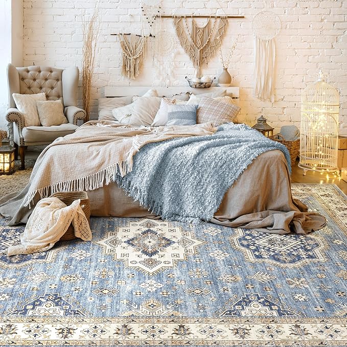 Washable Area Rugs for Living Room -9x12 Neutral Vintage Distressed Floral Farmhouse Boho Large Soft Floor Rug Indoor Non Slip Carpet for Living Room Bedroom Dining Room Office - Blue