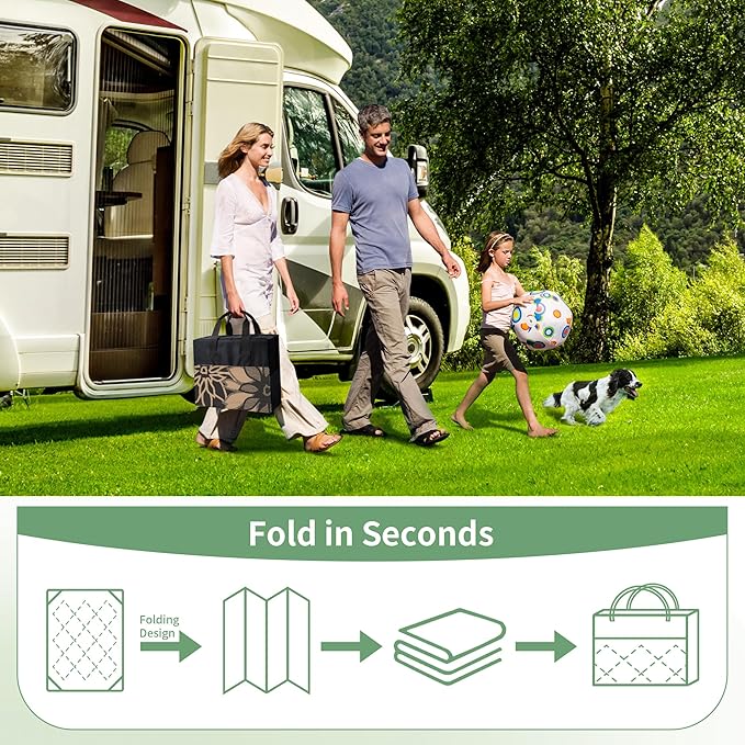 GENIMO Outdoor Rug Waterproof for Patio Decor, 9' x 12' Reversible Plastic Straw Floral Camping Carpet, Large Area Rugs Mats for RV, Camper, Deck, Balcony, Porch, Beach, Picnic, Black & Brown
