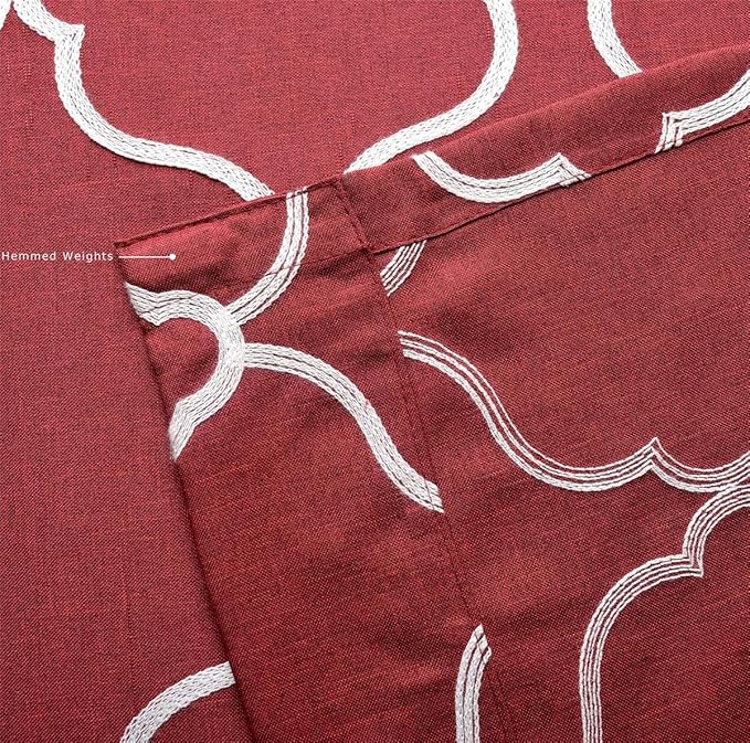 MIUCO Moroccan Embroidered Semi Sheer Curtains Faux Linen Grommet Window Curtains for Bedrooom 52 x 84 Inch 2 Panels, Burgundy