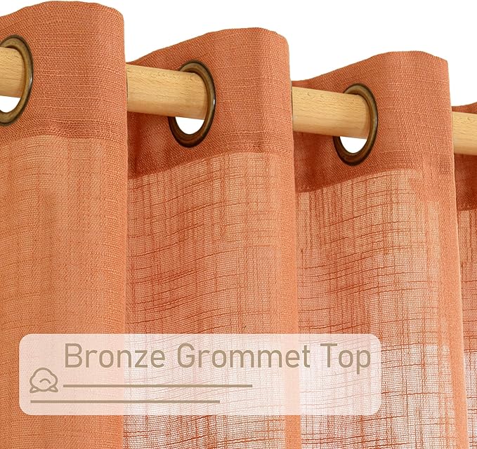 LAMIT Burnt Orange Linen Curtains 95 Inch Length 2 Panels, Linen Textured Light Filtering Drapes for Living Room/Bedroom Country Semi Sheer Window Treatments with Bronze Grommet, 52 x 95 Inch