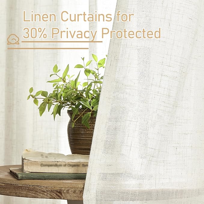 LAMIT Cream Linen Sheer Curtains 54 Inch Length 2 Panels Set, Short Linen Textured Light Filtering Panels Bronze Grommet Neutral Drapes for Small Windows/Bedroom/Kitchen, 34 x 54 Inch