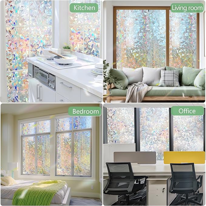 HIDBEA Window Privacy Film Static Clings, Rainbow Window Film, 3D Decals Non-Adhesive Window Vinyl Film for Home Door, 29.5 Inch x 6.5 Feet