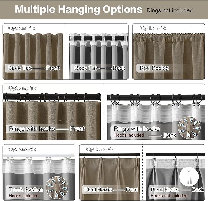 Linen Brown Room Darkening Curtains for Living Room,Pinch Pleated Back Tab Drapes with Hooks,Linen Burlap Thermal Insulated Noise Reducing Window Curtain Panels for Bedroom,W50 x L90, 2 Panels